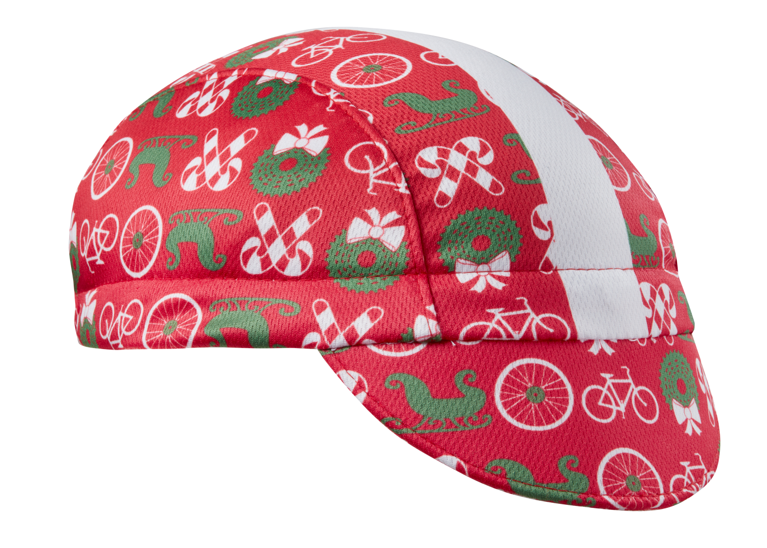 Festive Cap Technical 3-Panel Stripe.  Red Cap with White Stripe.  Bikes, Wreaths, Sleighs, and Candy Cane print.  Angled View.