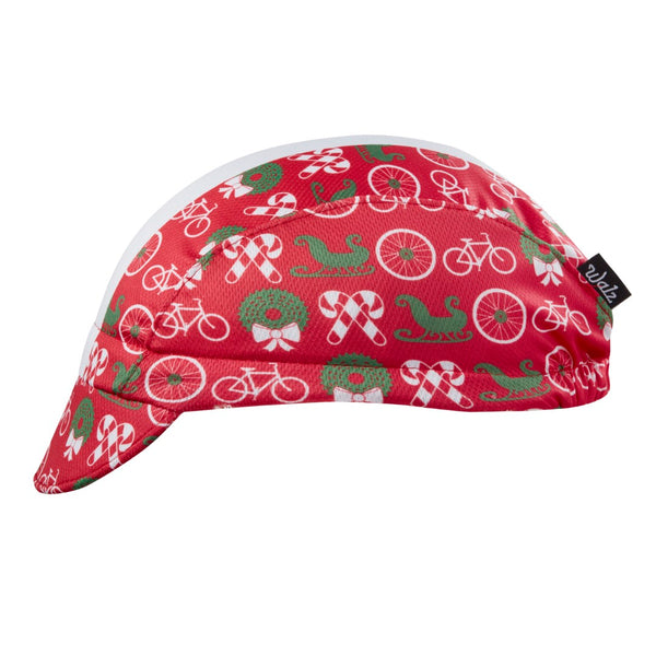 Festive Cap Technical 3-Panel Stripe Cap with Candy Canes, Wreathes, Sleighs, and Bikes.  Side View. Red cap with white stripe.