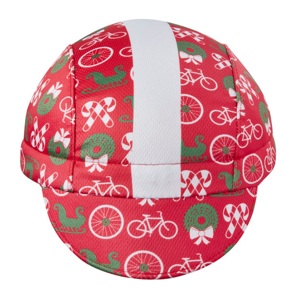 Festive Cap Technical 3-Panel Stripe Cap with Candy Canes, Wreathes, Sleighs, and Bikes.  Front View.  Bill Down. Red cap with white stripe.