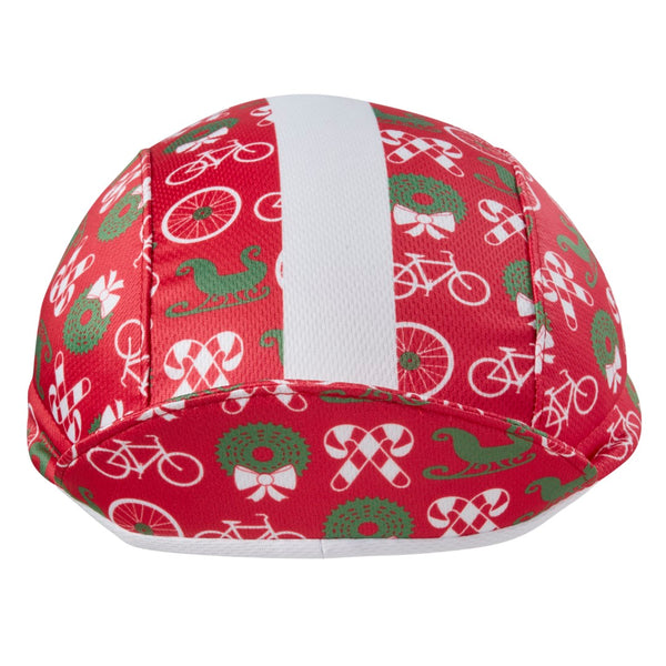 Festive Cap Technical 3-Panel Stripe Cap with Candy Canes, Wreathes, Sleighs, and Bikes.  Front View, Bill Up. Red cap with white stripe.