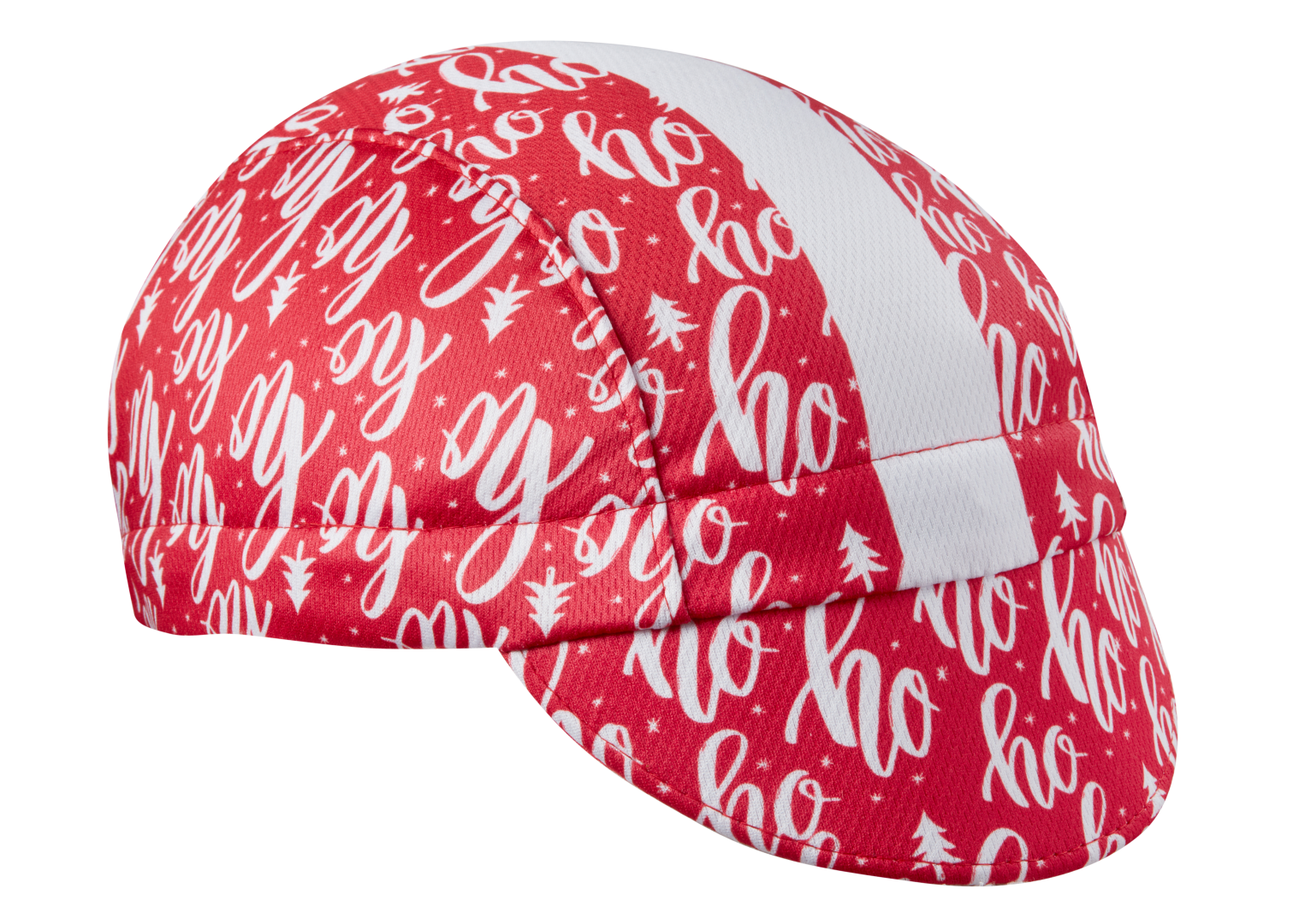 Ho Ho Ho Cap Technical 3-Panel Stripe. Red cap with white stripe and ho ho ho print.  Angled view.