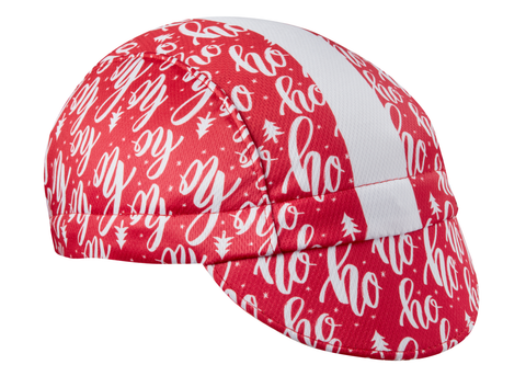 Ho Ho Ho Cap Technical 3-Panel Stripe. Red cap with white stripe and ho ho ho print.  Angled view.