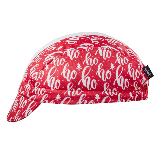 Ho Ho Ho Cap Technical 3-Panel Stripe.  Red Cap with White Stripe and ho, ho, ho print.  Side View.