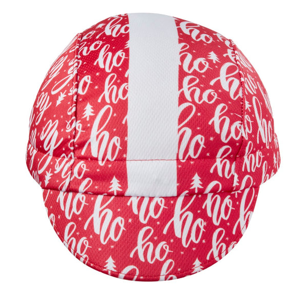 Ho Ho Ho Cap Technical 3-Panel Stripe.  Red Cap with White Stripe and ho, ho, ho print.  Front View, Bill Down.