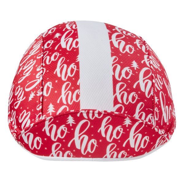 Ho Ho Ho Cap Technical 3-Panel Stripe.  Red Cap with White Stripe and ho, ho, ho print.  Front View, Bill Up.