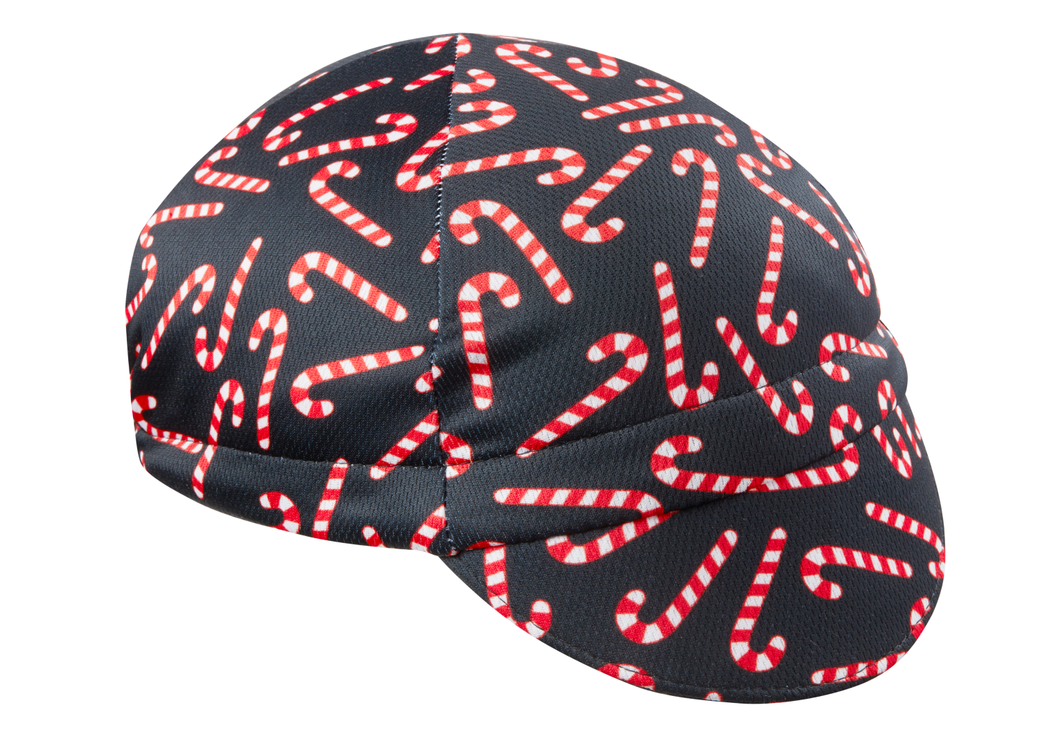 Candy Cane Cap Technical 4-Panel.  Black cap with candy cane print.  Angled View.