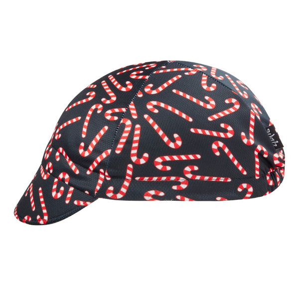 Candy Cane Cap Technical 4-Panel.  Side View.  Black cap with Candy Cane Print.