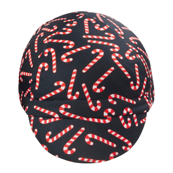 Candy Cane Cap Technical 4-Panel.  Front View, Bill Down. Black Cap with Candy Cane Print.