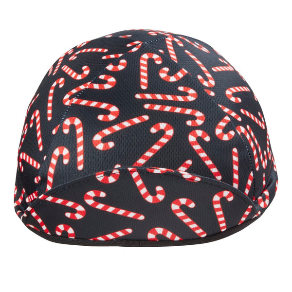 Candy Cane Cap Technical 4-Panel Front View, Bill Up. Black cap with candy cane print.