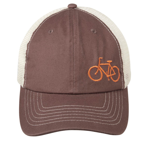 Brown and white trucker cap with embroidered orange bicycle on front.  Front view.