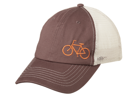 Brown and white trucker cap with embroidered orange bicycle on front.  Angled view.
