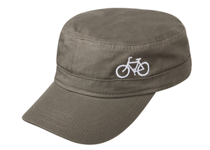 Olive cadet style cap with white embroidered bicycle on front. Angled view.
