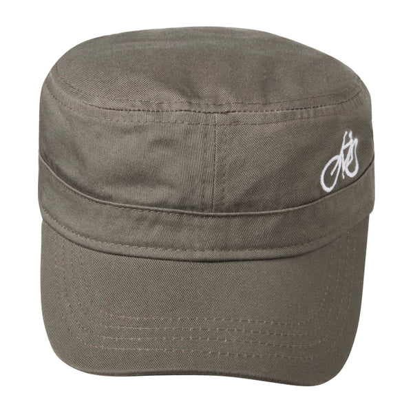 Olive cadet style cap with white embroidered bicycle on front. Front view.