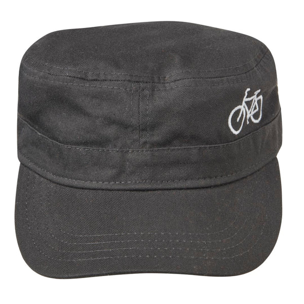 Black cadet style cap with white embroidered bicycle on front. Front view.