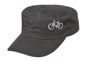 Black cadet style cap with white embroidered bicycle on front. Angled view.