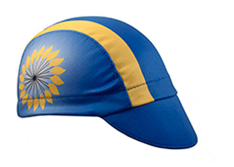 Kansas 3-Panel Technical Cycling Cap. Blue and yellow cap with sunflower imagery on the side.  Angled view.