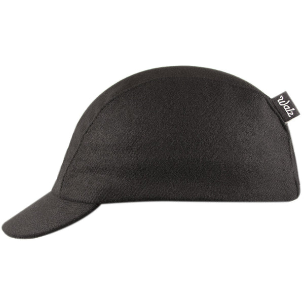 Black Wool Velo/City 3-Panel Cap.  Side view.