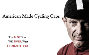 Man wearing cap looking forward.  Text: "American Made Cycling Caps" and "The best you will ever wear guaranteed!"