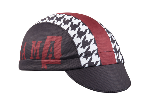Alabama Technical Cycling Cap.  3-Panel cap.  Black red and white coloring with Bama text on side.  Angled view.