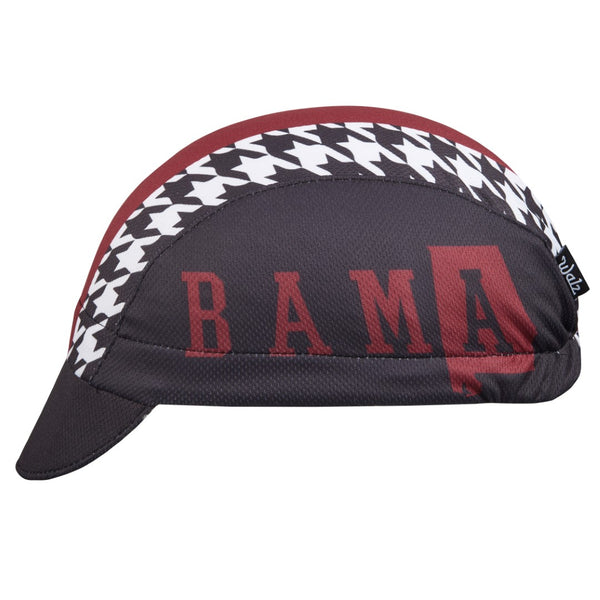 Alabama Technical Cycling Cap.  3-Panel cap.  Black red and white coloring with Bama text on side.  Side view.