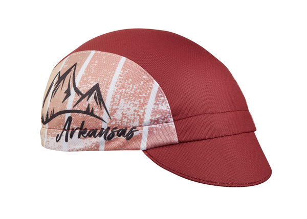 Arkansas Technical 3-Panel Cycling Cap. Red cap with mountain logo and Arkansas script.  Angled view.
