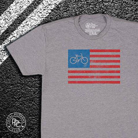 Gray t-shirt with american flag.  A bike replaces the stars of the flag.