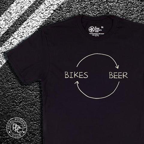 Dark gray t-shirt with arrow-line circle pointing to bikes, then to beer, and back to bikes.
