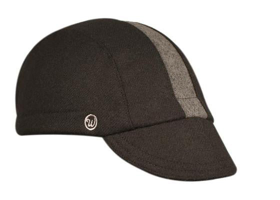 Black/Grey Stripe 3-Panel Wool Cap. Angled view.