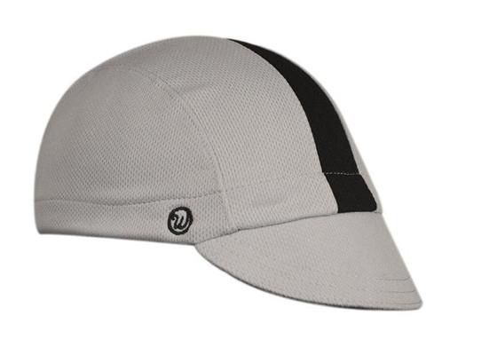 Grey/Black Stripe 3-Panel Technical Cap.  Angled view.