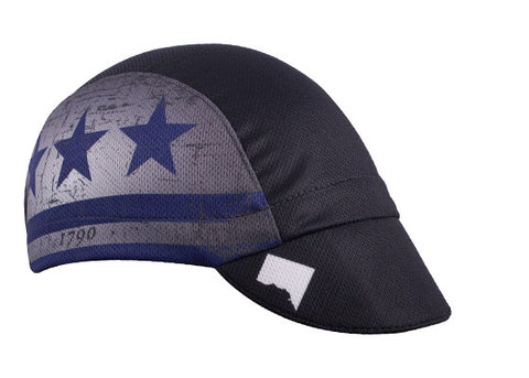 Washington DC Technical 3-Panel Cycling Cap.  Black cap with DC flag imagery on side.  Angled view.