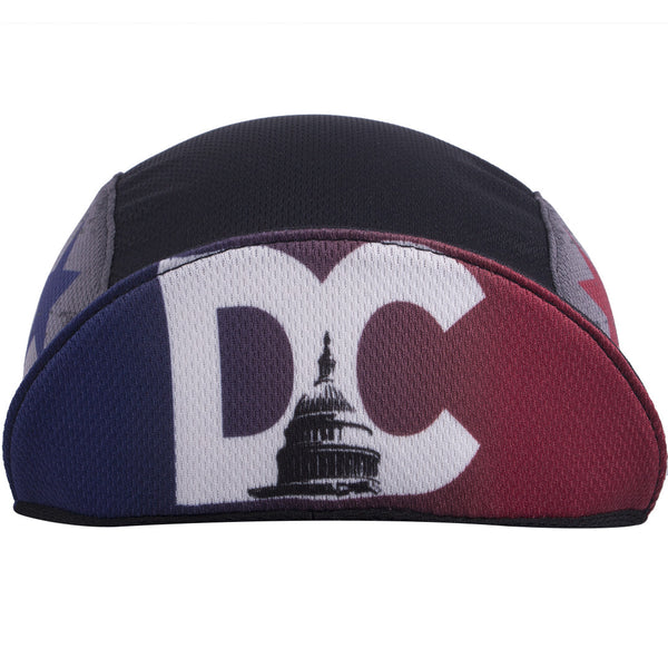 Washington DC Technical 3-Panel Cycling Cap.  Black cap with DC text and capitol building image under brim.  Brim up angled view.