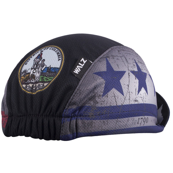 Washington DC Technical 3-Panel Cycling Cap.  Black cap with DC flag imagery on side. DC seal on back. Angled back view.