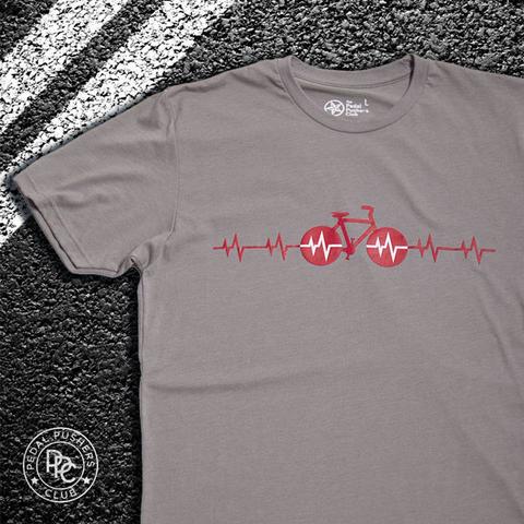 Gray t-shirt with red bike superimposed with EKG waves.