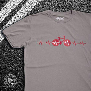 Gray t-shirt with red bike superimposed with EKG waves.