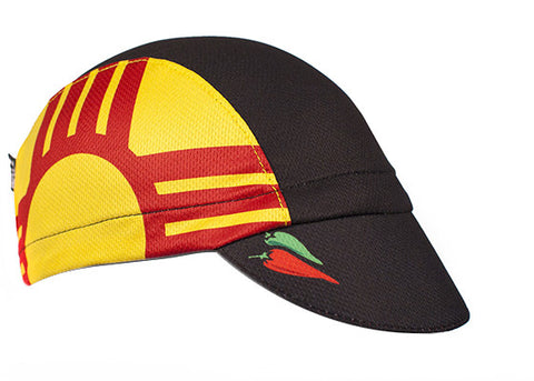 New Mexico 3-Panel Technical Cycling Cap.  Black and yellow cap with chilies on brim and New Mexico state flag print on side.  Angled view.