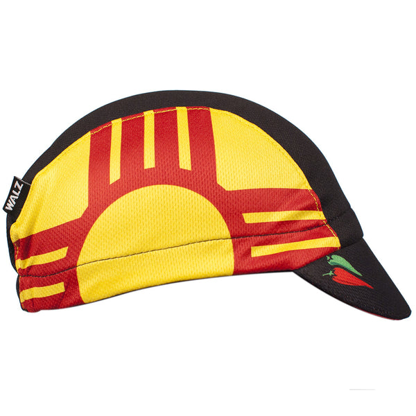 New Mexico 3-Panel Technical Cycling Cap.  Black and yellow cap with chilies on brim and New Mexico state flag print on side.  Side view.