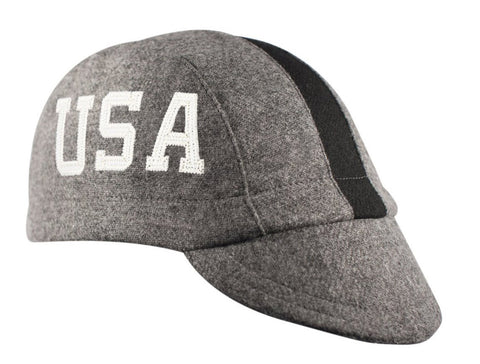 Wool 3-Panel Marquee Cap - Side Lettering.  Gray cap with black stripe and USA applique lettering on side.  Angled view.
