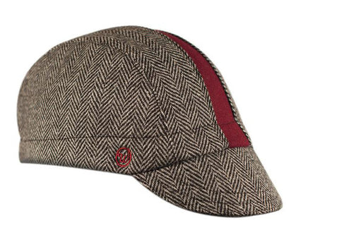 The "Cardinal" Wool 3-Panel Herringbone Cap. Brown herringbone with red stripe.  Angled view.