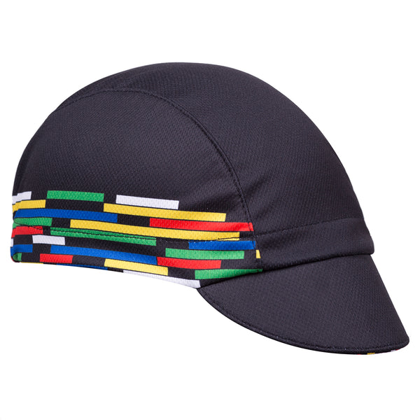 "Geo" Technical 3-Panel Cap.  Black cap with multi-color blocks on side.  Angled view.