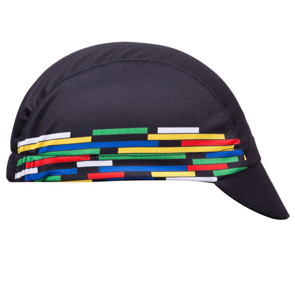 "Geo" Technical 3-Panel Cap.  Black cap with multi-color blocks on side.  Side view.