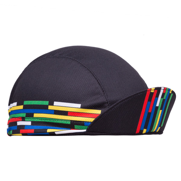 "Geo" Technical 3-Panel Cap.  Black cap with multi-color blocks on side.  Angled view. Brim up.