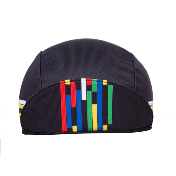 "Geo" Technical 3-Panel Cap.  Black cap with multi-color blocks on side.  Front view. Bill up.  Colored blocks on underside of brim.