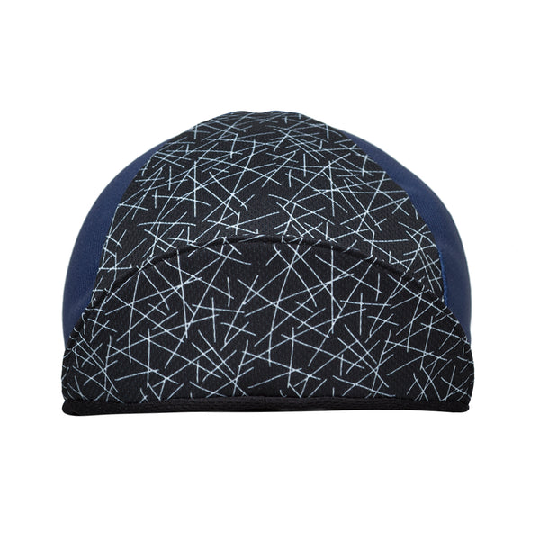 "Dart" Technical 4-Panel Cap.  Navy blue cap with black and white cross-stitch print.  Front View. Bill up.