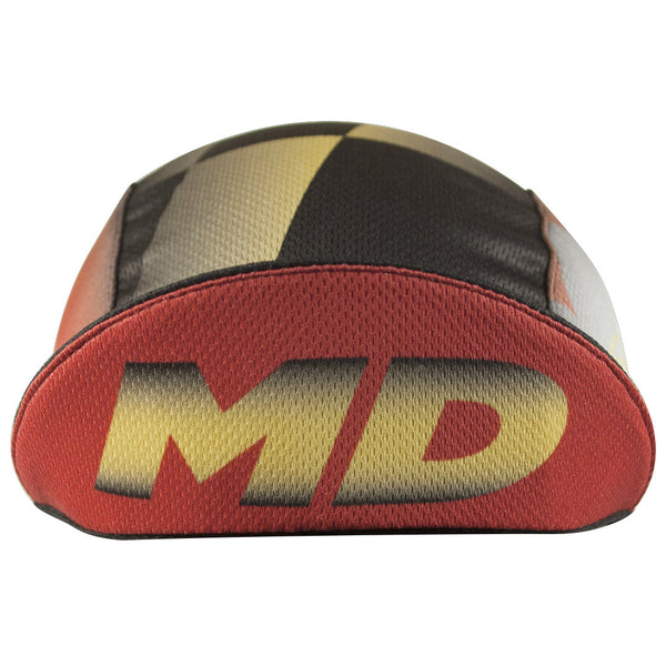 Maryland Technical 3-Panel Cycling Cap. Maryland flag print all over.  MD text under brim. Brim up front view.