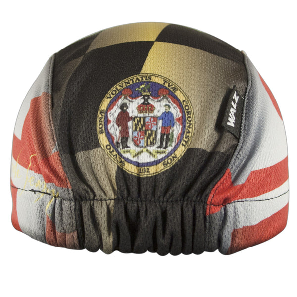 Maryland Technical 3-Panel Cycling Cap. Maryland flag print all over. Maryland state seal on back. Back view.
