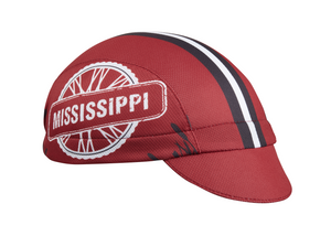 Mississippi Technical 3-Panel Cycling Cap.  Red cap with black and white stripes and bicycle gear icon with MISSISSIPPI text on side.  Angled view.