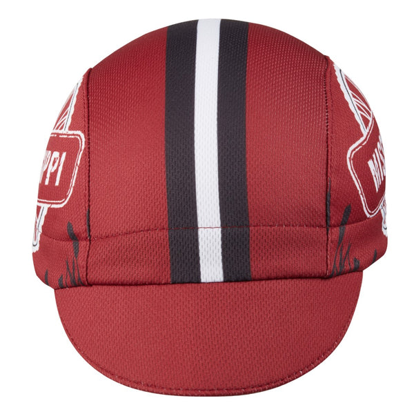 Mississippi Technical 3-Panel Cycling Cap.  Red cap with black and white stripes and bicycle gear icon with MISSISSIPPI text on side.  Front view.