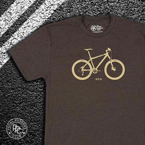 Brown t-shirt with a yellow bike and the text "mtn."