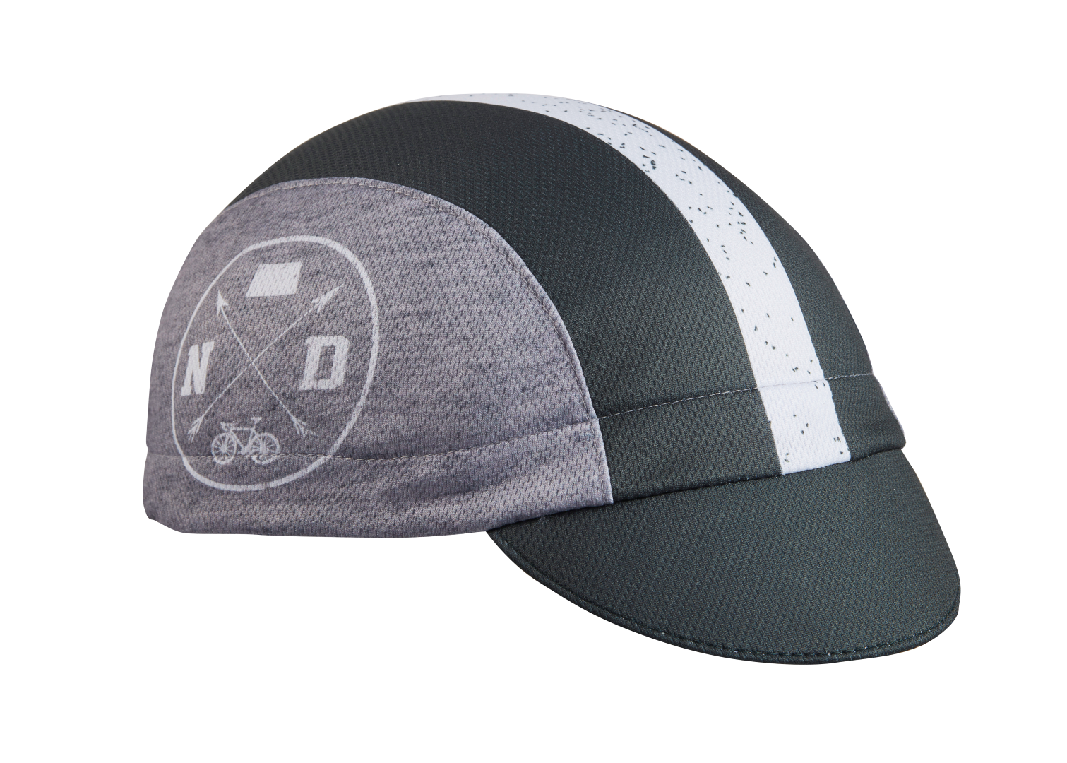 North Dakota Technical 3-Panel Cycling Cap.  Black and gray cap with white stripe and ND icons on side.  Angled view.