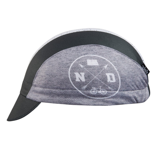 North Dakota Technical 3-Panel Cycling Cap.  Black and gray cap with white stripe and ND icons on side.  Side view.